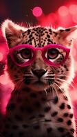ai generado súper linda leopardo en amor vistiendo corazón forma rosado lentes. contento San Valentín día saludo tarjeta concepto. ai generado imagen foto