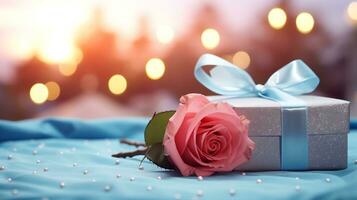 AI generated Pink rose and a blue gift box with white bow. Happy Valentine's Day greeting card concept. AI generated image photo