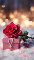 AI generated Pink rose and a red velvet jewellery box. Happy Valentine's Day greeting card concept. AI generated image photo