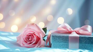 AI generated Pink rose and a blue gift box with white bow. Happy Valentine's Day greeting card concept. AI generated image photo