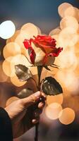 AI generated Man hand holding a rose, soft champagne color background with bokeh. Happy Valentine's day card concept. AI generated image photo