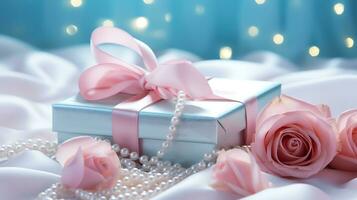 AI generated Pink rose and a blue gift box with white bow. Happy Valentine's Day greeting card concept. AI generated image photo