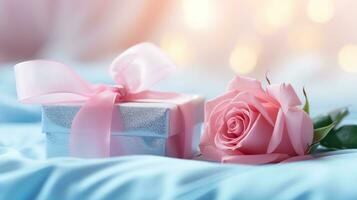 AI generated Pink rose and a blue gift box with white bow. Happy Valentine's Day greeting card concept. AI generated image photo