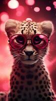 ai generado súper linda leopardo en amor vistiendo corazón forma rosado lentes. contento San Valentín día saludo tarjeta concepto. ai generado imagen foto