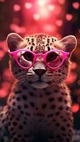 ai generado súper linda leopardo en amor vistiendo corazón forma rosado lentes. contento San Valentín día saludo tarjeta concepto. ai generado imagen foto