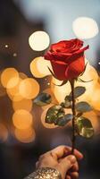 AI generated Man hand holding a rose, soft champagne color background with bokeh. Happy Valentine's day card concept. AI generated image photo