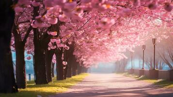 AI generated Alley with pink sakura trees, bright sunny day. AI generated image photo