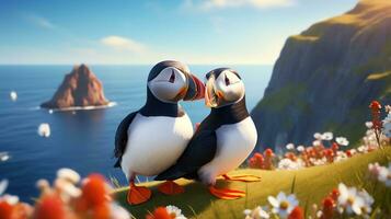 AI generated Two super cute puffins bird couple in love. AI generated image photo