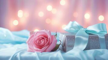 AI generated Pink rose and a blue gift box with white bow. Happy Valentine's Day greeting card concept. AI generated image photo