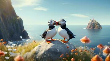 AI generated Two super cute puffins bird couple in love. AI generated image photo