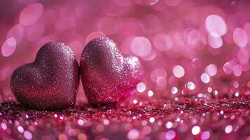 AI generated Two Hearts On Pink Glitter In Shiny Background - Valentine's Day Concept photo