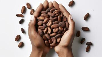 AI generated Overhead shot of woman hands holding cocoa beans isolated on white background photo