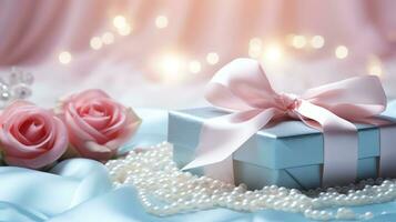 AI generated Pink rose and a blue gift box with white bow. Happy Valentine's Day greeting card concept. AI generated image photo