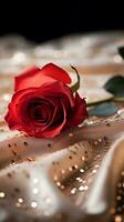 AI generated Red rose on the silk bedsheet. Happy Valentine's Day greeting card concept. AI generated image photo