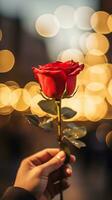 AI generated Man hand holding a rose, soft champagne color background with bokeh. Happy Valentine's day card concept. AI generated image photo