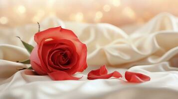 AI generated Red rose on the silk bedsheet. Happy Valentine's Day greeting card concept. AI generated image photo