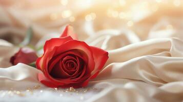 AI generated Red rose on the silk bedsheet. Happy Valentine's Day greeting card concept. AI generated image photo