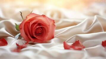 AI generated Red rose on the silk bedsheet. Happy Valentine's Day greeting card concept. AI generated image photo