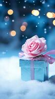 AI generated Pink rose and a blue gift box with white bow. Happy Valentine's Day greeting card concept. AI generated image photo