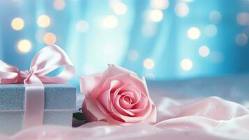 AI generated Pink rose and a blue gift box with white bow. Happy Valentine's Day greeting card concept. AI generated image photo