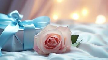 AI generated Pink rose and a blue gift box with white bow. Happy Valentine's Day greeting card concept. AI generated image photo