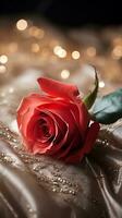 AI generated Red rose on the silk bedsheet. Happy Valentine's Day greeting card concept. AI generated image photo