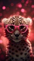 ai generado súper linda leopardo en amor vistiendo corazón forma rosado lentes. contento San Valentín día saludo tarjeta concepto. ai generado imagen foto