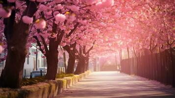 ai generado callejón con rosado sakura árboles, brillante soleado día. ai generado imagen foto