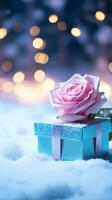 AI generated Pink rose and a blue gift box with white bow. Happy Valentine's Day greeting card concept. AI generated image photo