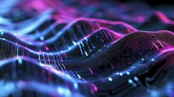 AI generated Binary code digit abstract background, wavy lines, azure blue and purple, black. photo