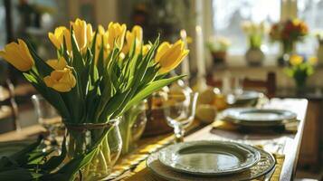 AI generated Yellow tulips at easter dining table photo