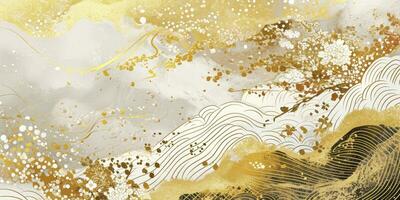 AI generated Japanese-Inspired Golden Leaf Frame with Watercolor Waves, Clouds, and Traditional Patterns. Exquisite Design for a Luxurious Paper Treatment or Banner with a Touch of Japan. photo