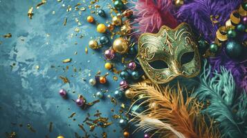 AI generated Colourful mardi gras beads, feathers and carnival masks on blue background with copy space photo