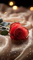 AI generated Red rose on the silk bedsheet. Happy Valentine's Day greeting card concept. AI generated image photo