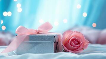 AI generated Pink rose and a blue gift box with white bow. Happy Valentine's Day greeting card concept. AI generated image photo