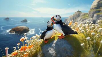 AI generated Two super cute puffins bird couple in love. AI generated image photo