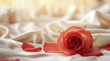 AI generated Red rose on the silk bedsheet. Happy Valentine's Day greeting card concept. AI generated image photo