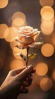 ai generado hombre mano participación un rosa, suave champán color antecedentes con Bokeh. contento San Valentín día tarjeta concepto. ai generado imagen foto