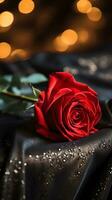 AI generated Red rose on the silk bedsheet. Happy Valentine's Day greeting card concept. AI generated image photo