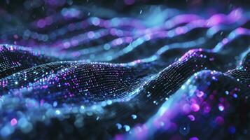 AI generated Binary code digit abstract background, wavy lines, azure blue and purple, black. photo