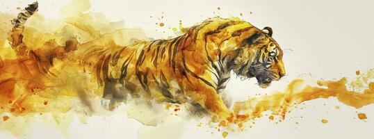 AI generated The New Year eps of a golden tiger, in the style of delicate ink washes, dragon art, abstract expressionistic splatters. photo