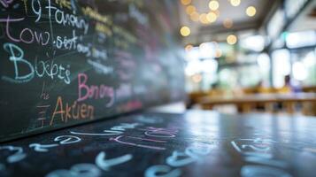 ai generado diferente personas diferente color mano escritura en un pizarra lado ver salón de clases bokeh antecedentes foto