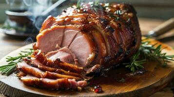 AI generated Homemade, warm, steaming Glazed Easter Spiral Cut Ham photo