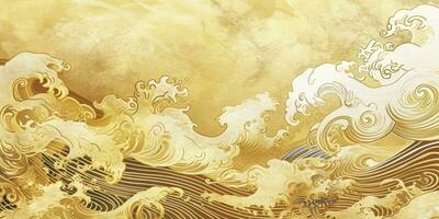 AI generated Japanese-Inspired Golden Leaf Frame with Watercolor Waves, Clouds, and Traditional Patterns. Exquisite Design for a Luxurious Paper Treatment or Banner with a Touch of Japan. photo