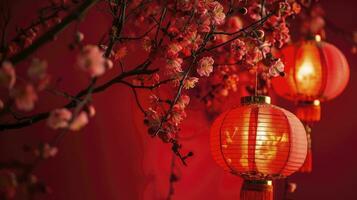 AI generated Happy chinese new year, hanging beautiful lantern and flowers on red background. Copy space. photo