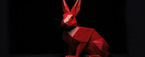 AI generated Red rabbit origami isolated on a black background photo