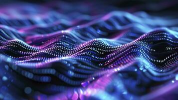 AI generated Binary code digit abstract background, wavy lines, azure blue and purple, black. photo