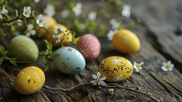 AI generated Beautiful colorful easter eggs on wooden photo