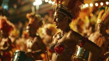 ai generado vamos danza todas nuestra nubes lejos. recortado Disparo de hermosa samba bailarines ejecutando en un carnaval con su banda. foto