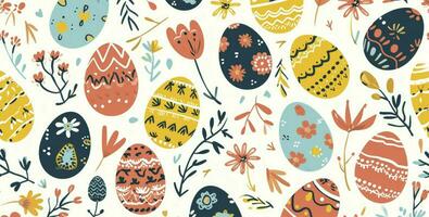 AI generated Cute hand-drawn easter eggs horizontal seamless pattern, fun easter decoration, great for banners, wallpapers, card design. photo